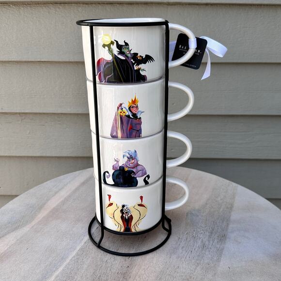 NWT RAE DUNN Disney Villains Double Sided Wire Stackable Coffee Mug Set of 4